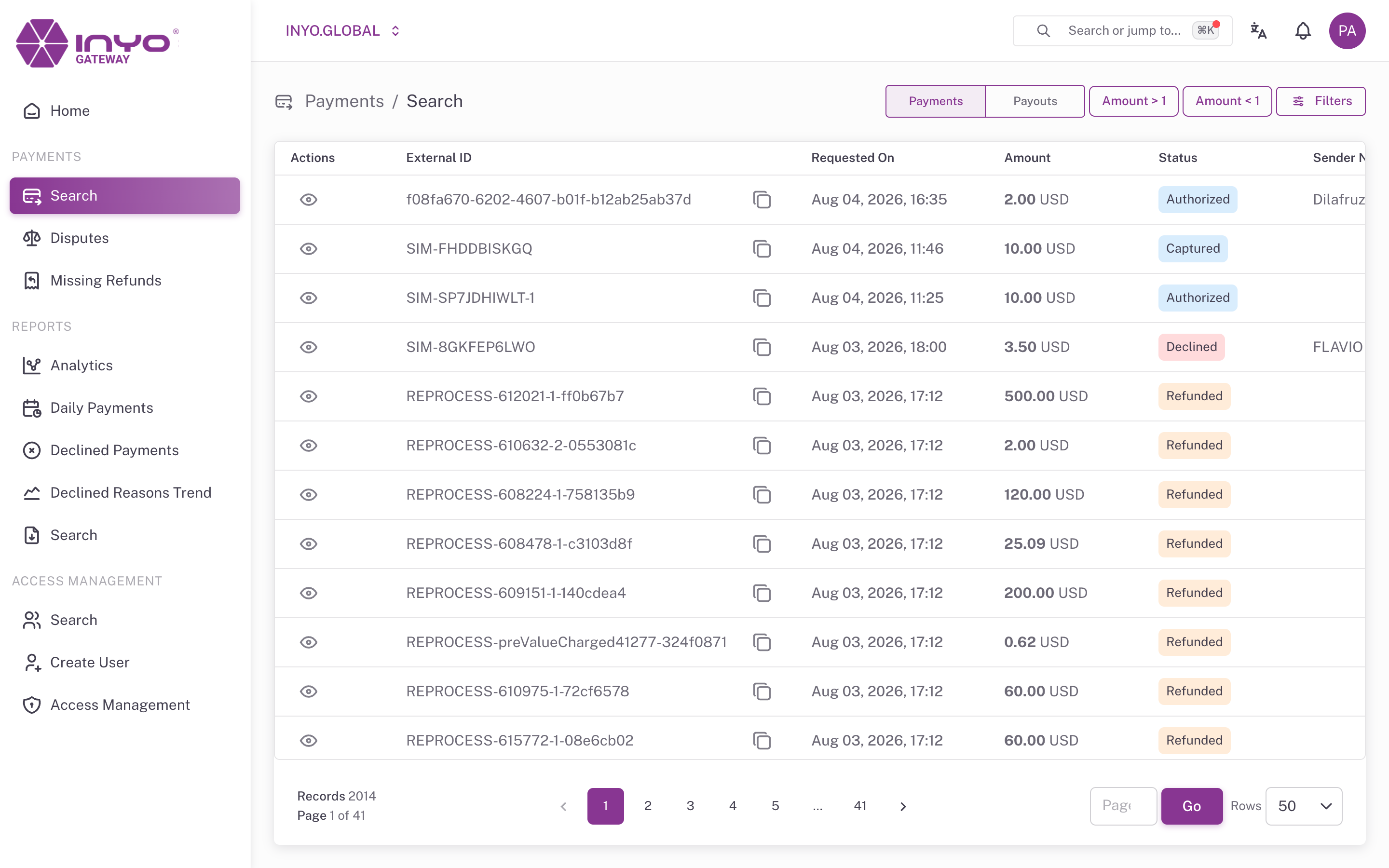 Payments Search β the results table with the Payments/Payouts toggle and quick filters