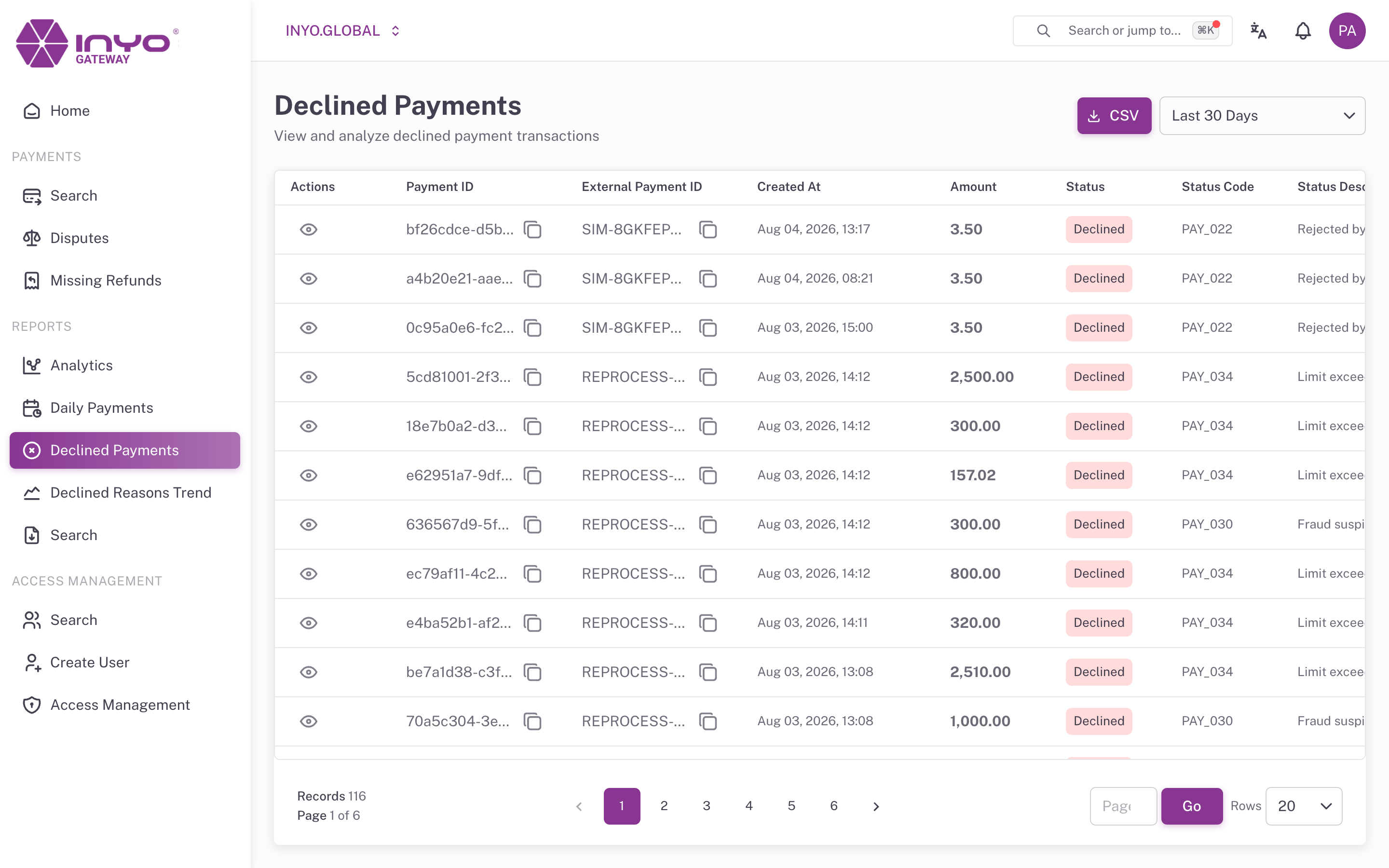 Declined Payments — every decline with status code and description, with CSV export