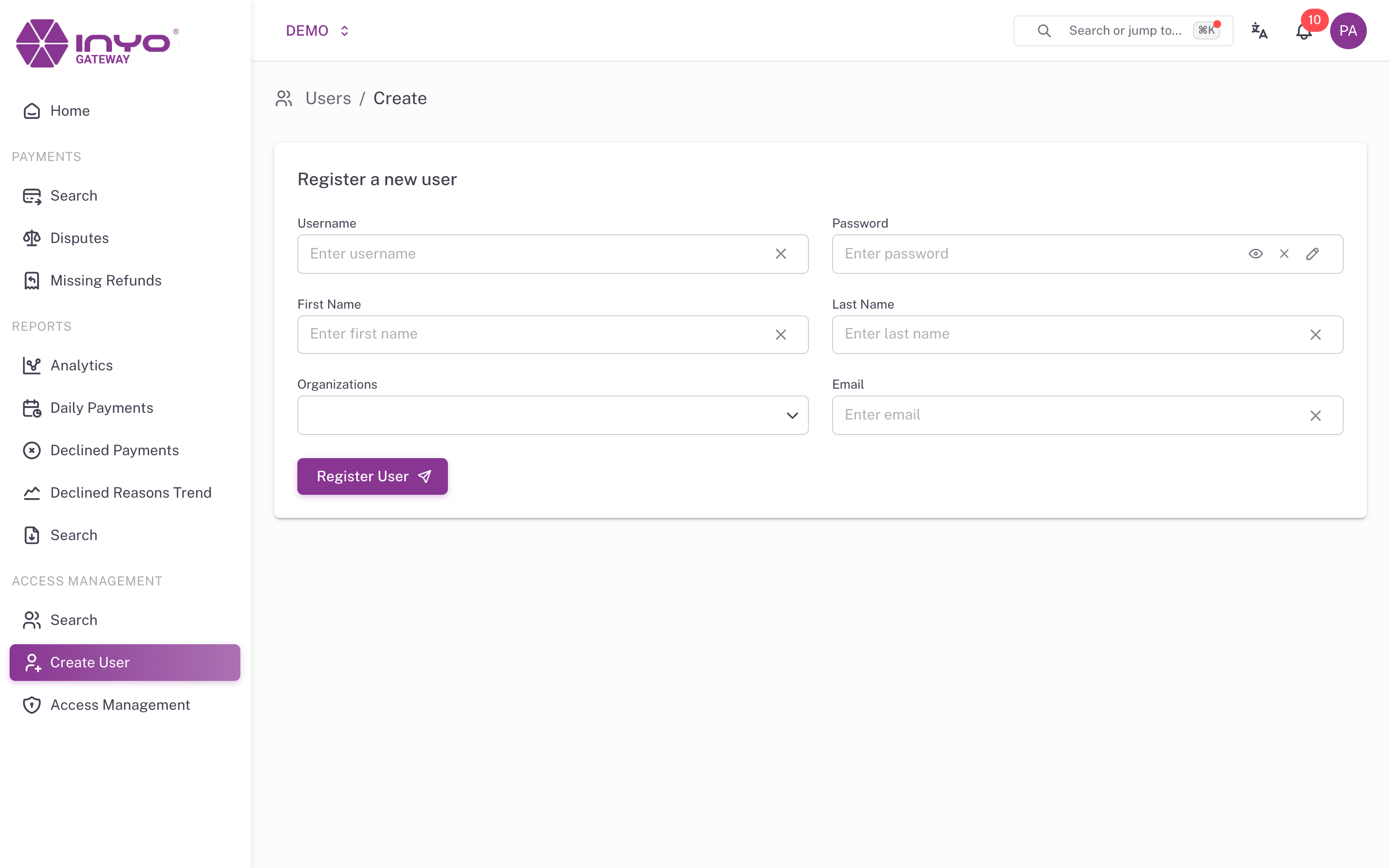The Create User form — username, password, name, email, and organizations