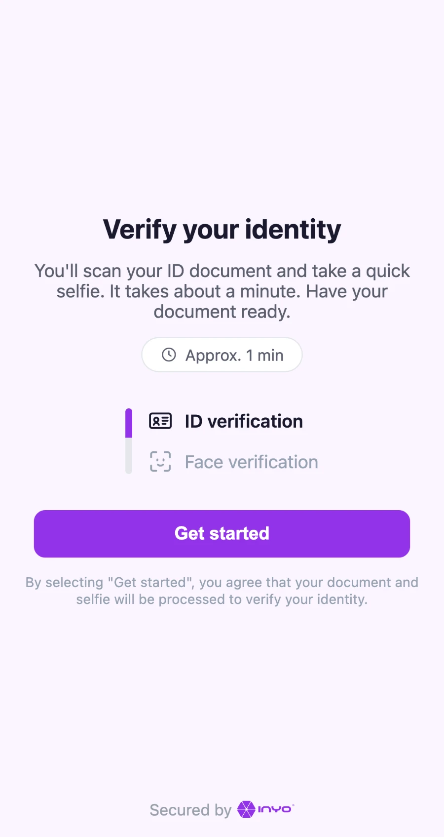 Welcome screen — ID verification then face verification, about a minute