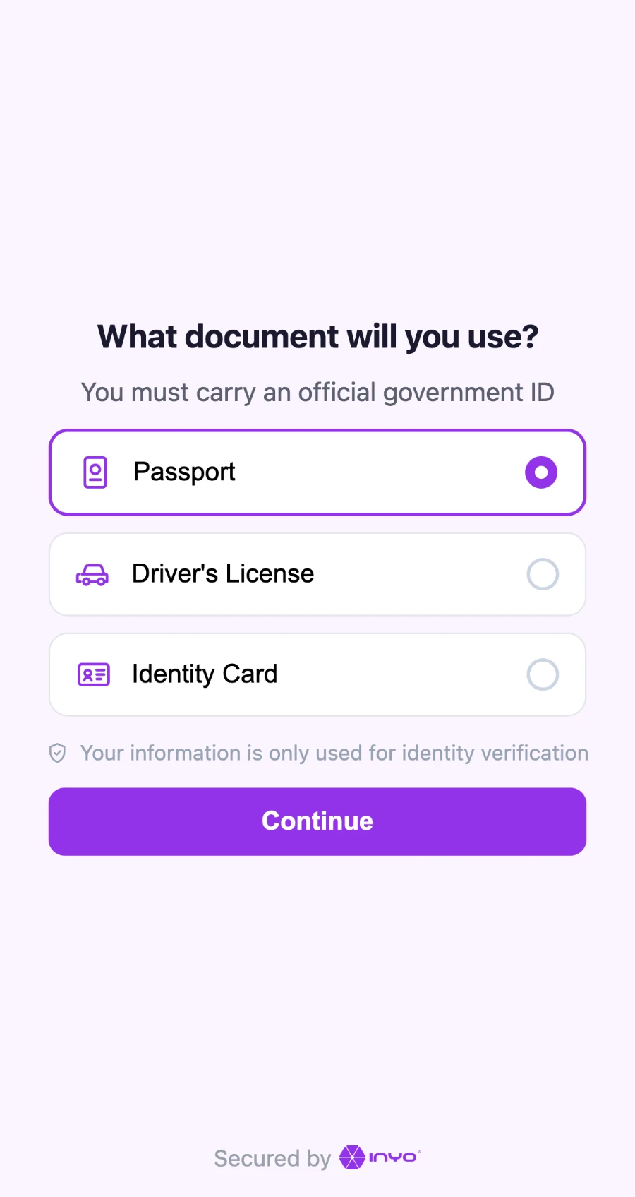 Choosing a document type — passport, driver's license, or identity card
