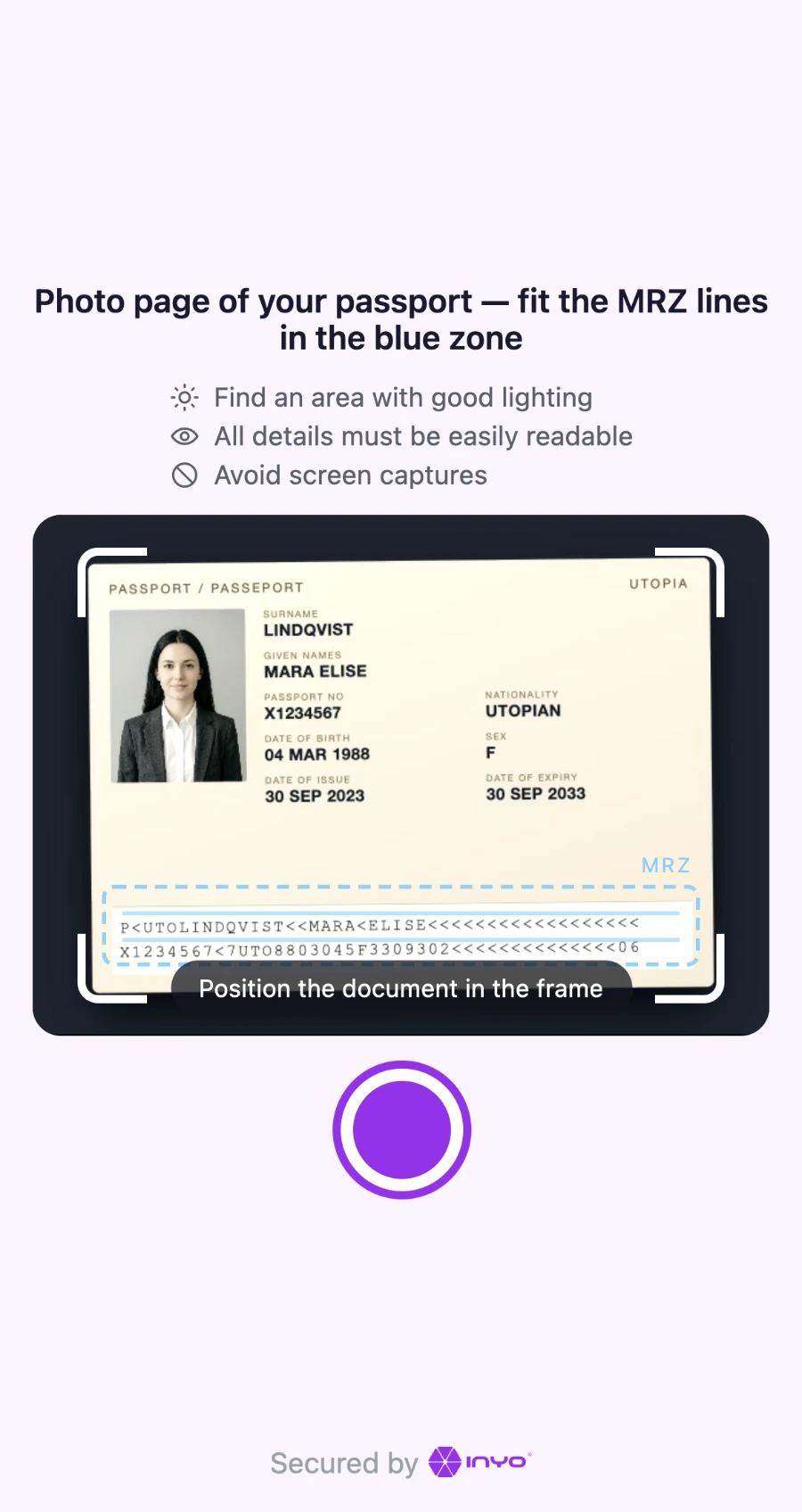 Capturing a passport photo page, with the machine-readable zone inside the guide